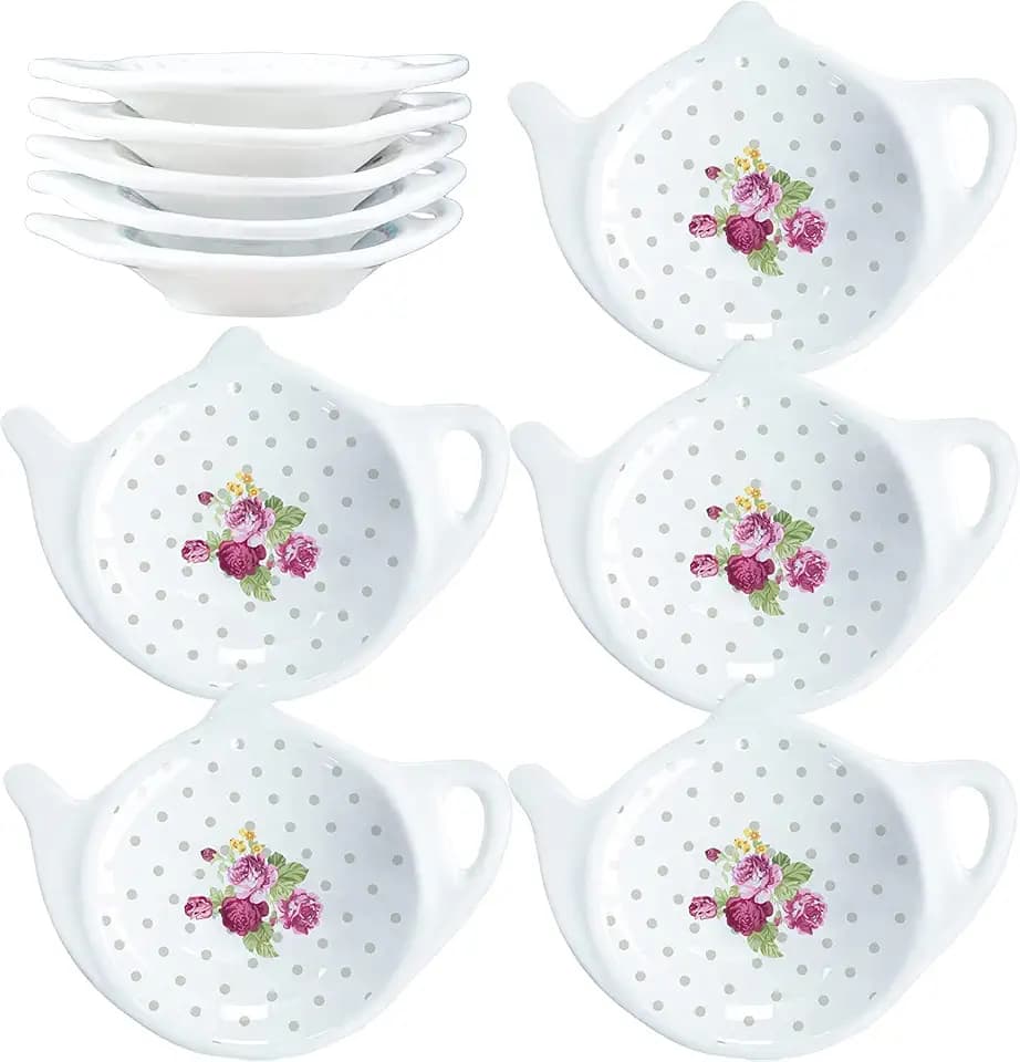 SOCOSY Vintage Flower Porcelain Tea Bag Holder Teapot Shaped Tea Bag Coaster, Little Spoon Rest Tea Accessories Resting Caddy Seasoning Dish for Sauce Dessert, 4 Inch-Fresh Flowers-10 PCS