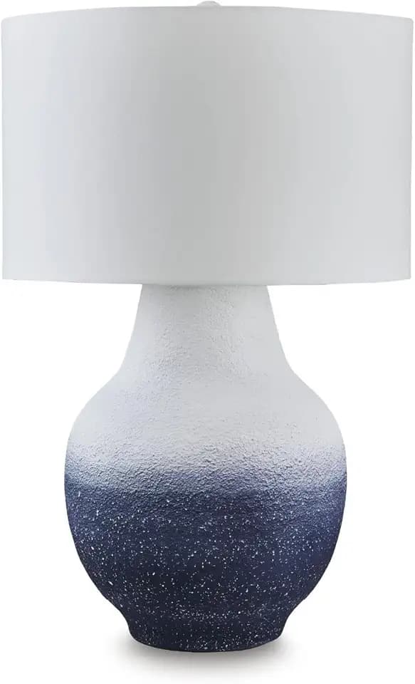 Signature Design by Ashley Dashland Coastal Table Lamp, 31 Inch Tall Statement Height, Textured Metal Base with Fabric Drum Shade, Large Living Room Lighting, White and Navy Blue Ombre