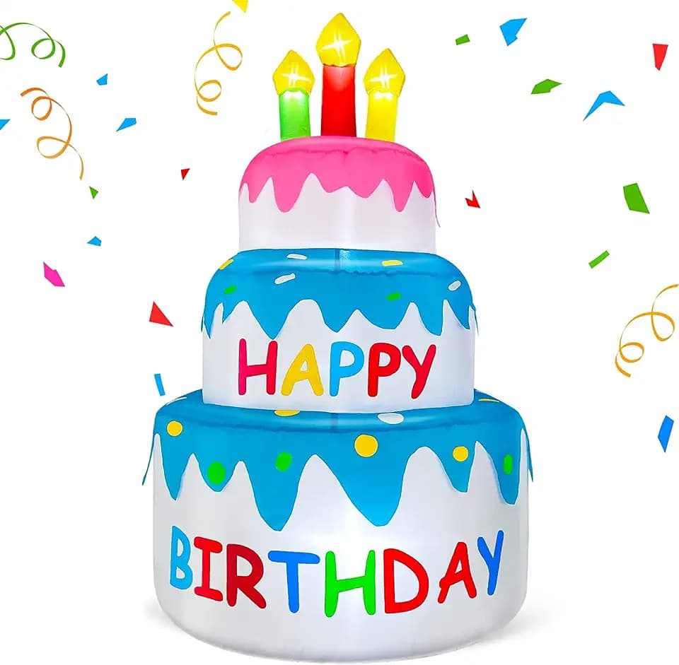 4 Ft Inflatable Happy Birthday Cake Decorations Outdoor Lighted Blow Up Holiday Birthday Party Decor with Candles 6 LED Lights for Indoor Home Celebration Garden Lawn Yard Prop Sign
