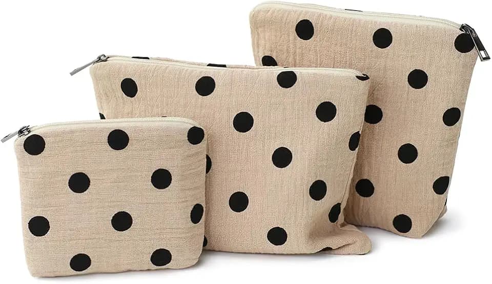 Small Cosmetic Bag Set of 3 for Purse, Beige Polka Dot Cotton Makeup Bags, 3 Sizes Zipper Pouch Organizer for Travel & Toiletries, Gift for Her Birthday, Bridesmaid & Best Friend