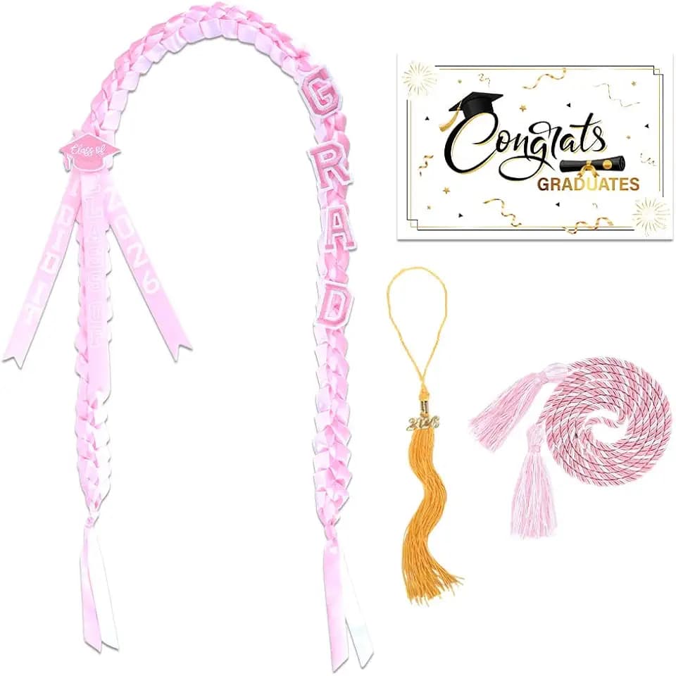 2026 Pink White Graduation Leis Honor Cords with Tassel and Cards, Class of 2026 Grad Embroidery Patches Party Supplies for High School College Graduation