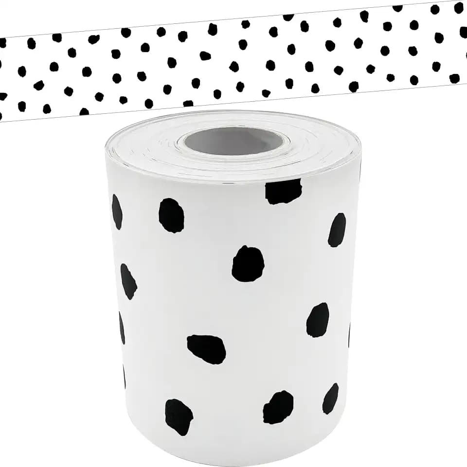 Teacher Created Resources Black Painted Dots on White Straight Rolled Border Trim- 50ft - Decorate Bulletin Boards, Walls, Desks, Windows, Doors, Lockers, Schools, Classrooms, Homeschool & Office