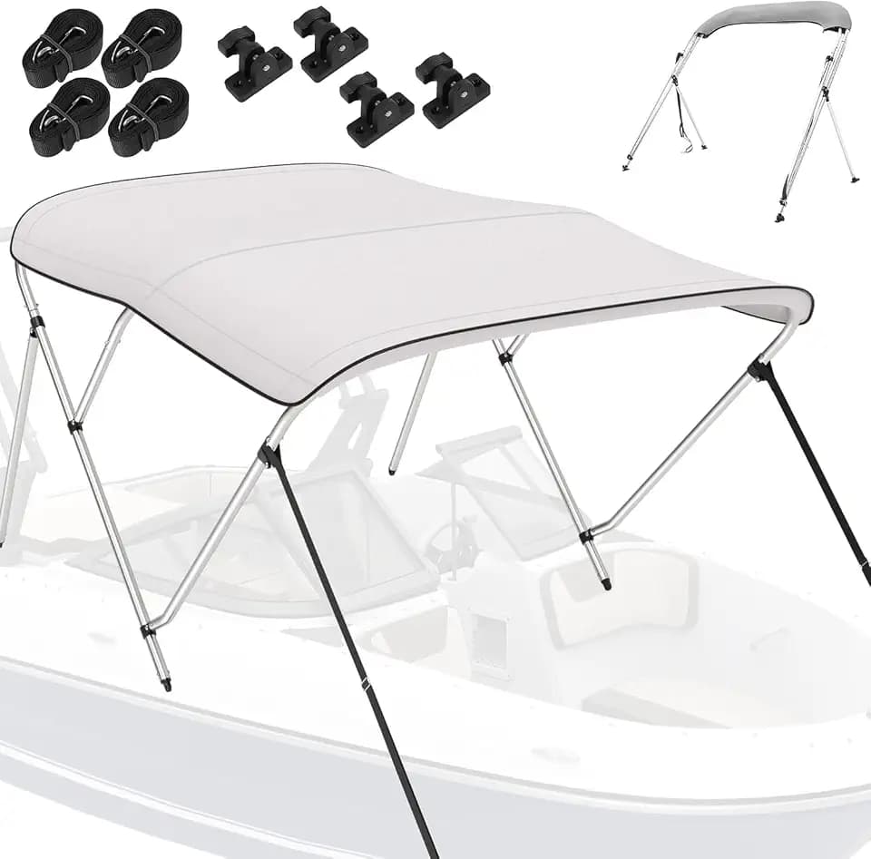 Bimini Tops for Boats, Grey 3 Bow L6' x W73-78 x H46, 900D Polyester Bimini Topy, 2 Rear Support Poles and Storage Boot, 4 Adjustable Nylon Straps