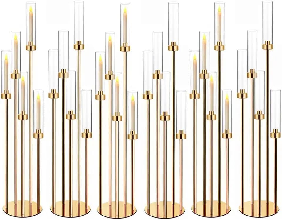 42.5in Gold Candle Holders for Table Centerpiece Candelabra Candlestick Holders Decor Wedding Centerpiece Table Decorations 5 arm Candle Holder Set of 6 Acrylic lampshade Fit 0.9" LED Candle