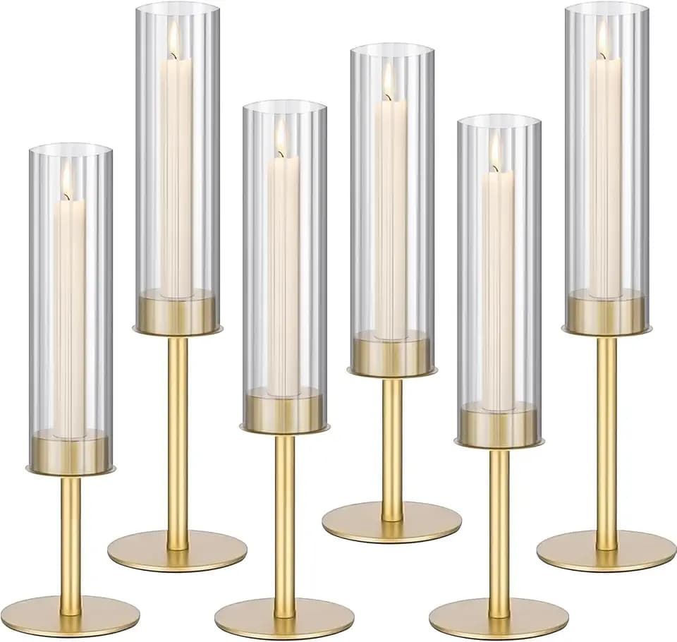 Gold Hurricane Candle Holders, Taper Striped Glass Cover Candlestick, Tall Brass Candle Stick Decor for Table, Centerpiece, Wedding, Dinning, Party on Indoor and Outdoor, Set of 6