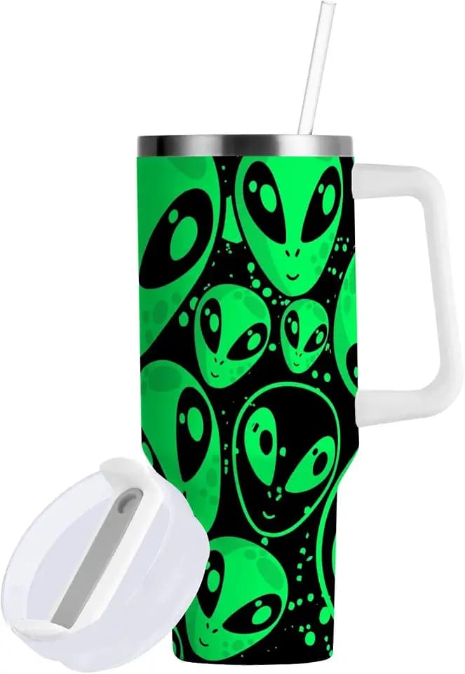 Fun Tumbler Alien Neon Green Travel Mug Coffee Cup Water Bottle Beverage Container Stainless Steel Insulated Mega Cup for Hot Cold Drink Cupholder Friendly 40 oz
