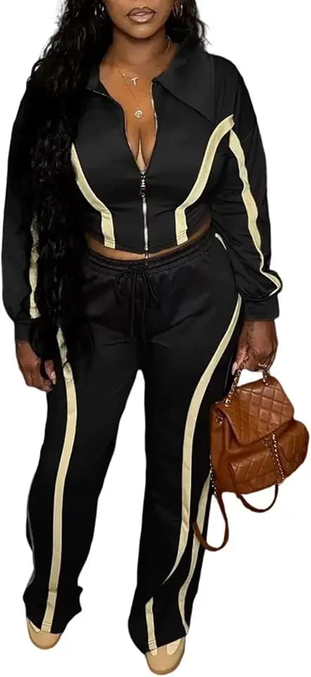 Women Striped 2 Piece Outfits Long Sleeve Two Piece Tracksuit Set