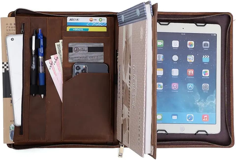 Crazy Horse Leather Portfolio Binder with 3-Zipper, Executive Padfolio Business Organizer & Resume Portfolio with iPad Holder, Legal Pad Portfolio for Men, Meetings, Interviews & Business Travel