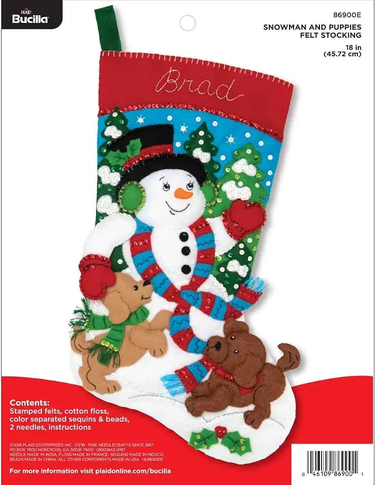 Bucilla Felt Applique Christmas Stocking Kit, 18", Snowman and Puppies, Multi, (86900E)