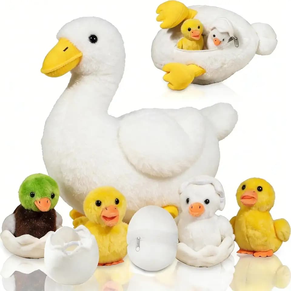Youthfuljive 7 in 1 Duck Stuffed Animal Plush Duck Toys for Kids Toddlers, 12" Mommy White Stuffed Duck Plush Toy with 4 Baby Ducks Ducklings Eggs Duck Plushie Pillow for Birthday Farm Party