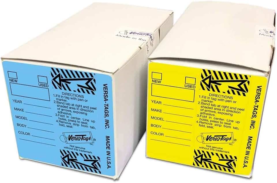 Genuine Versa-Tag Key Tags - Self-Protecting (2 Box Bundle) (250 per Box with Metal Rings - 500 Total) (1 Box Blue and 1 Box Yellow)