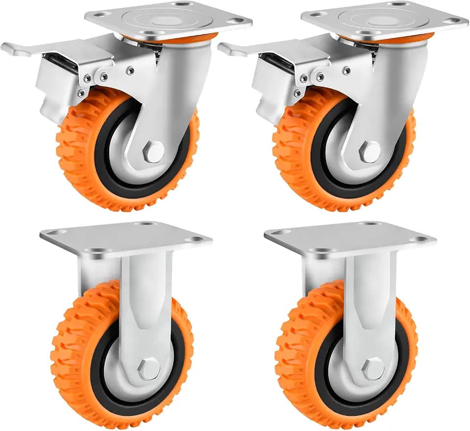 5 Inch Heavy-Duty Polyurethane Caster Wheels (750 lbs Per Wheel)–360° Swivel & Dual-Lock Brake, Non-Marking & Anti-Slip,or Industrial Carts,Workbench,Cabinets – 4-Pack with M10 Mounting Hardware