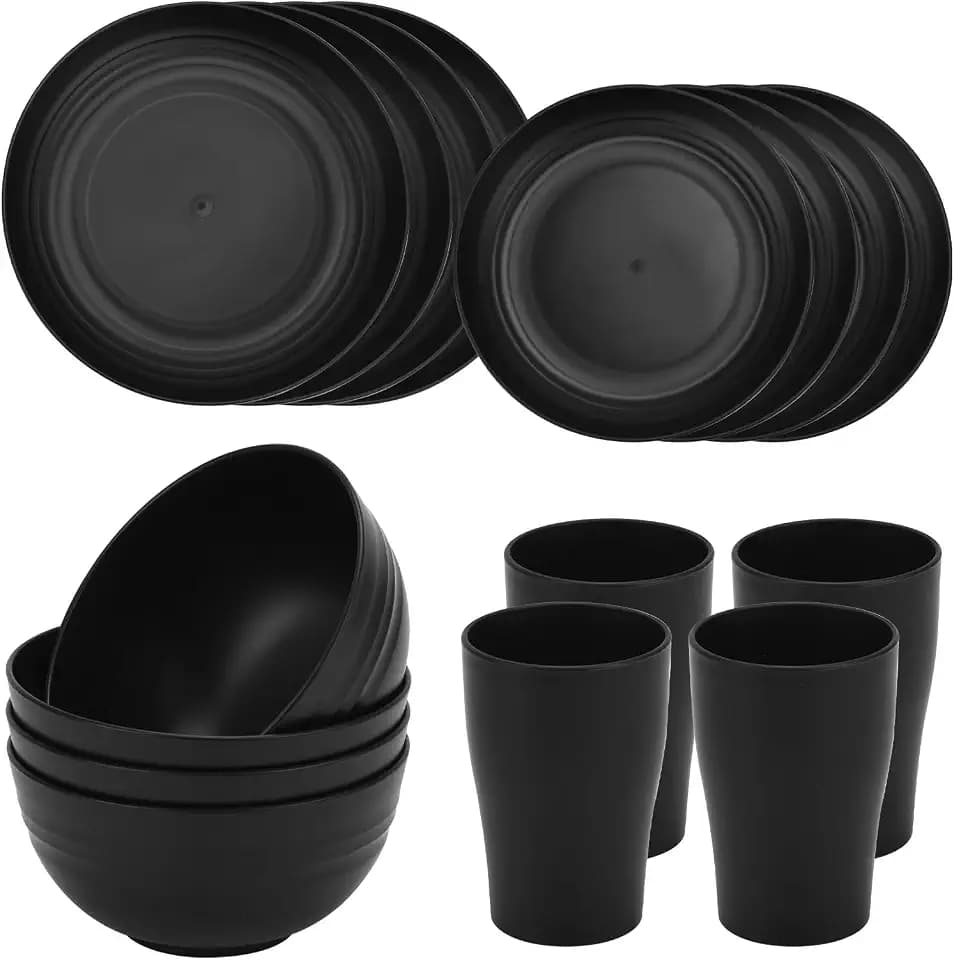16Pcs Black Unbreakable Dinnerware Set Plates Bowls Cups for 4
