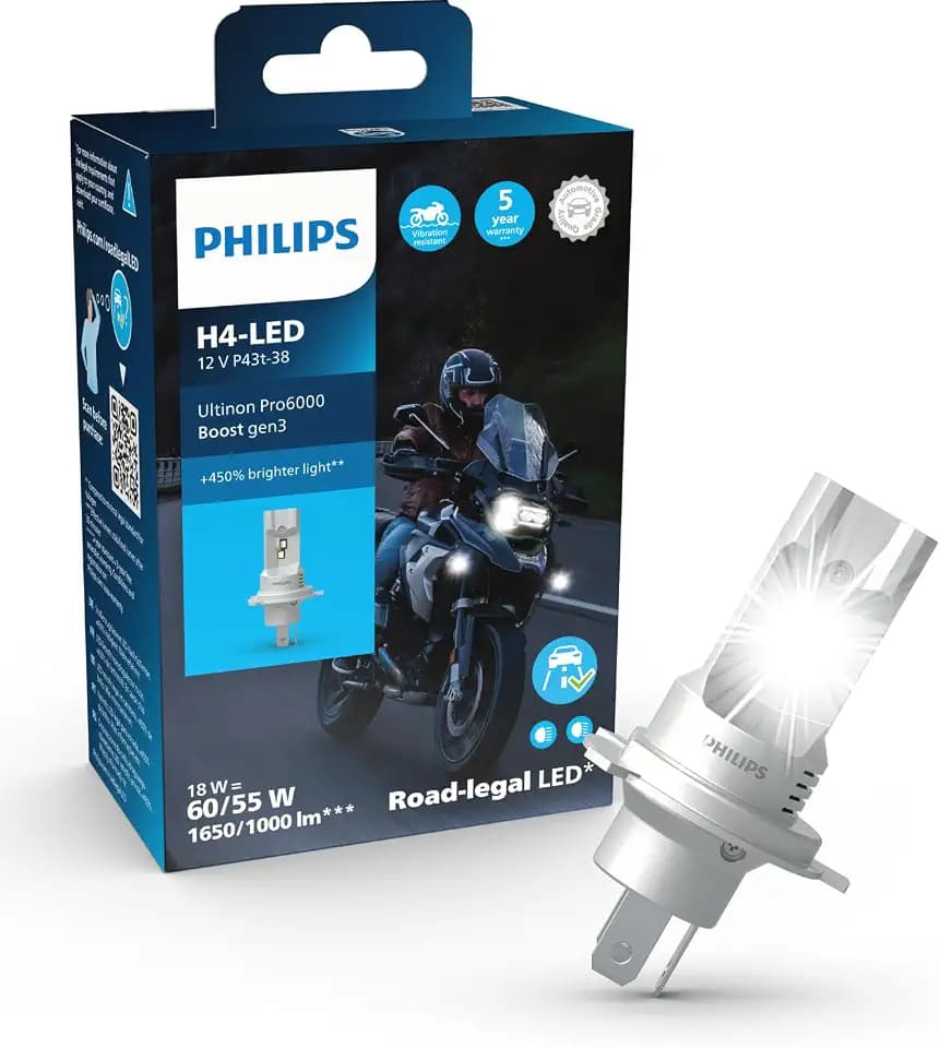 Philips Ultinon Pro6000 Boost gen3 Direct-fit H4-LED Moto, Scheinwerferlampe mit Straßenzulassung für Motorräder*, +450% helleres Licht**