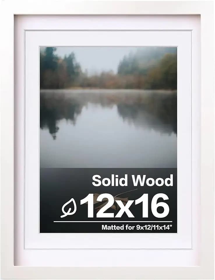 Egofine 12x16 Picture Frame White Covered by Plexiglass Made of Solid Wood, Display Pictures 9x12 and 11x14 with Mat or 12x16 Without Mat for Wall Mounting
