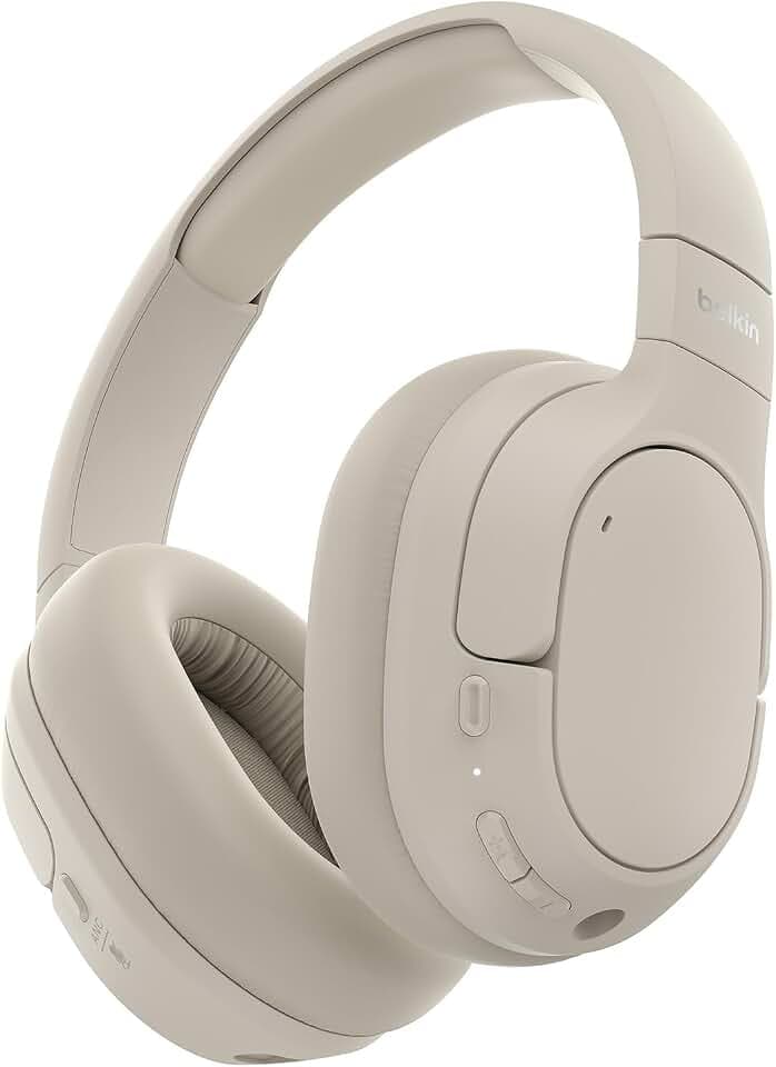 Belkin SoundForm Isolate Noise Cancelling Kopfhörer kabellos Bluetooth Kopfhörer, Headset mit Mikrofon, Over-Ear-Kopfhörer mit 60 Stunden Wiedergabe, tiefer Bass, CloudCushion Hörmuscheln – Sandfarben