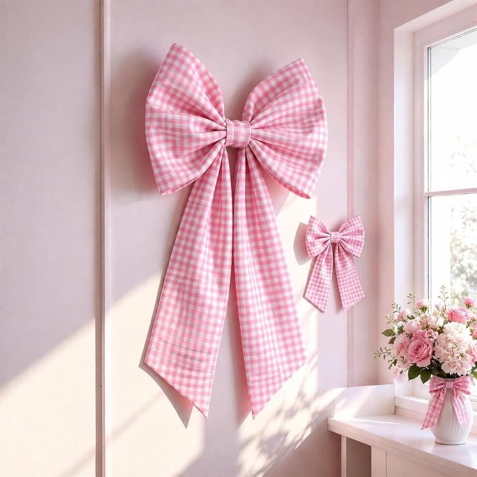 Vibzox Pink White Gingham Bow Decor 2 Pack, Large 24x36 & Small 10x16 Inch