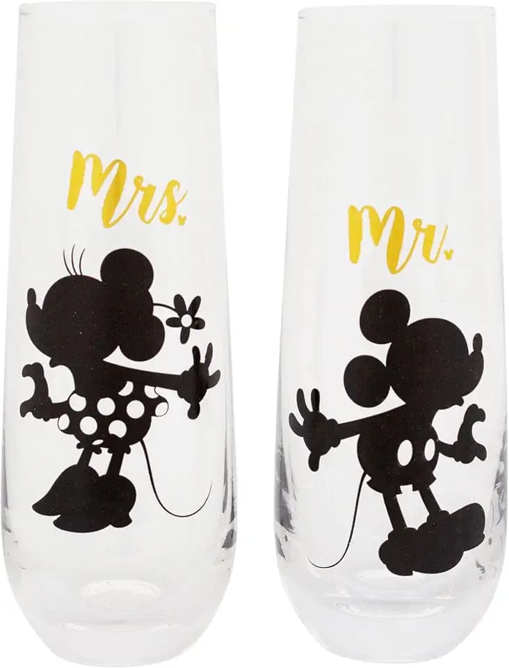 Disney Mickey and Minnie 9-Ounce Stemless Fluted Glassware, Set of 2 | Toasting Champagne Glass Cups For Wine, Mimosas, Cocktails | Home Bar & Kitchen Essentials, Cute Housewarming Couples Gifts