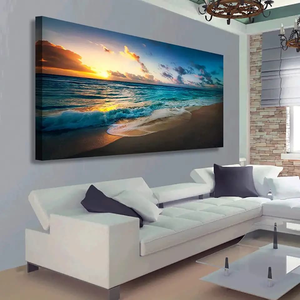 Beach Pictures Wall Art Canvas Prints Seascape Themed Decor for Home Sea Ocean Sunset Paintings for Living Room Bathroom Wall Decorations Natural Landscape Artwork Wooden Picture Frames 24x48 inches