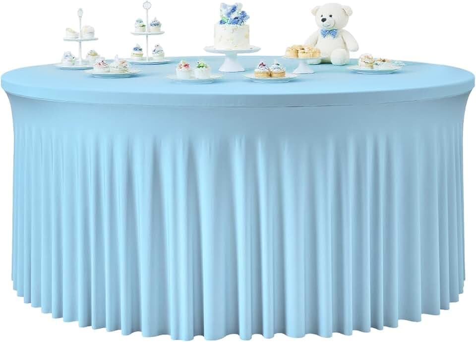 1 Pack Baby Blue Round Tablecloths, 60 Inch Spandex Stretchy Table Cloth with Skirt, Washable Fitted Tablecloth, Circle Wrinkle Free Table Cover for Wedding Party Birthday Outdoor Event