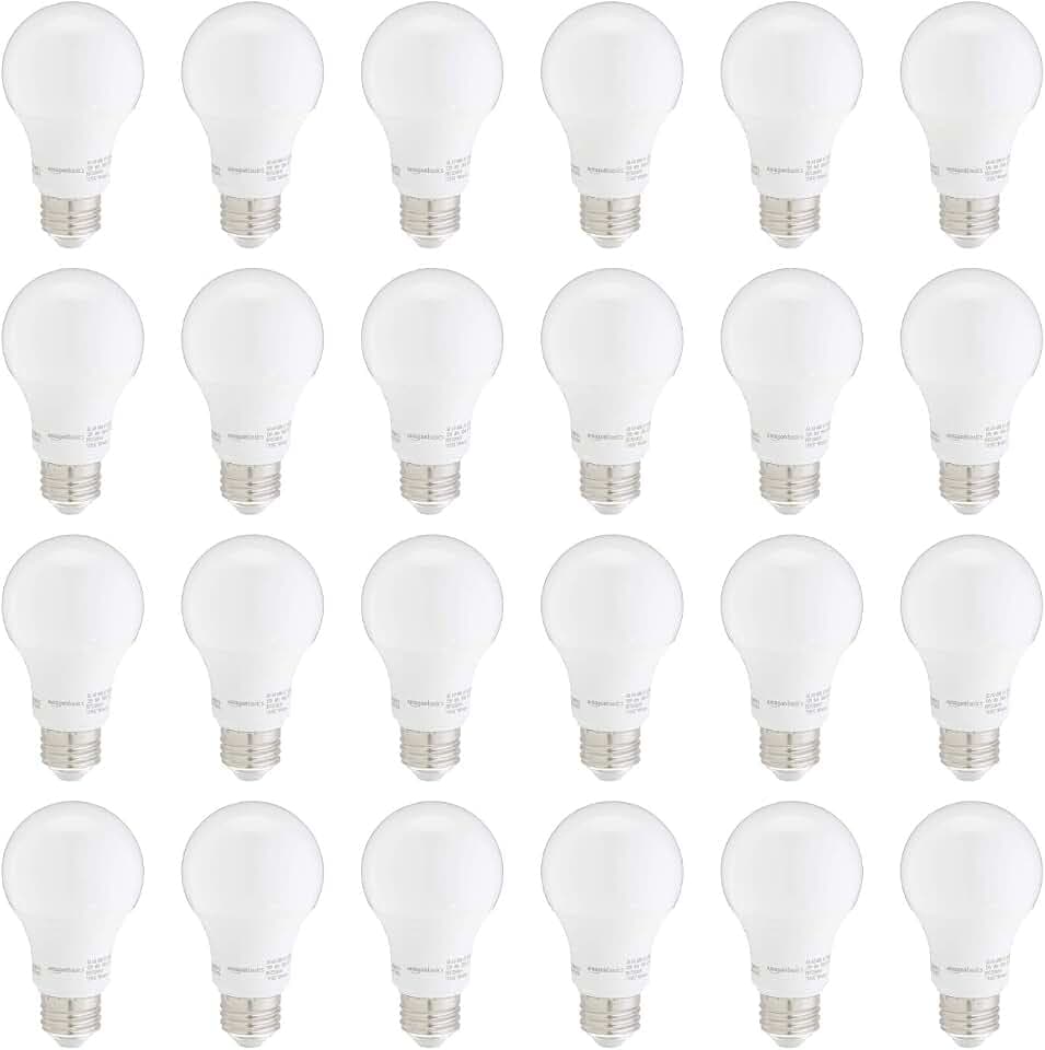 Amazon Basics A19 LED Light Bulbs, 60W Equivalent, Soft White 2700K, Non-Dimmable, Energy Efficient 9W, E26 Standard Base, 10,000 Hour Lifetime, 24-Pack