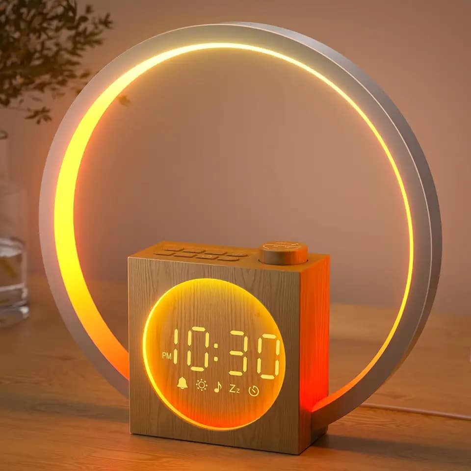 LIORQUE Tageslichtwecker Lichtwecker, Sonnenaufgang Simulation, Holzdesign | Sonnenaufgang 60min Sonnenuntergang, 30 Klange 32 Lautstarken, Lampe mehrfarbig, Timer 10-480min, Netzteil Inklusive