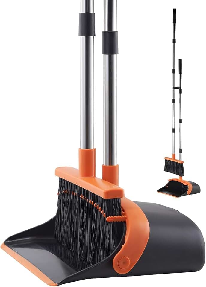 VEVOR Broom and Dustpan Set, Heavy Duty Dustpan and Broom Combo with Self-Cleaning Teeth, Metal Upright Standing Dust Pan with Long Handle, Ideal for Home, Restaurant, Office, Dorm, Black+Orange