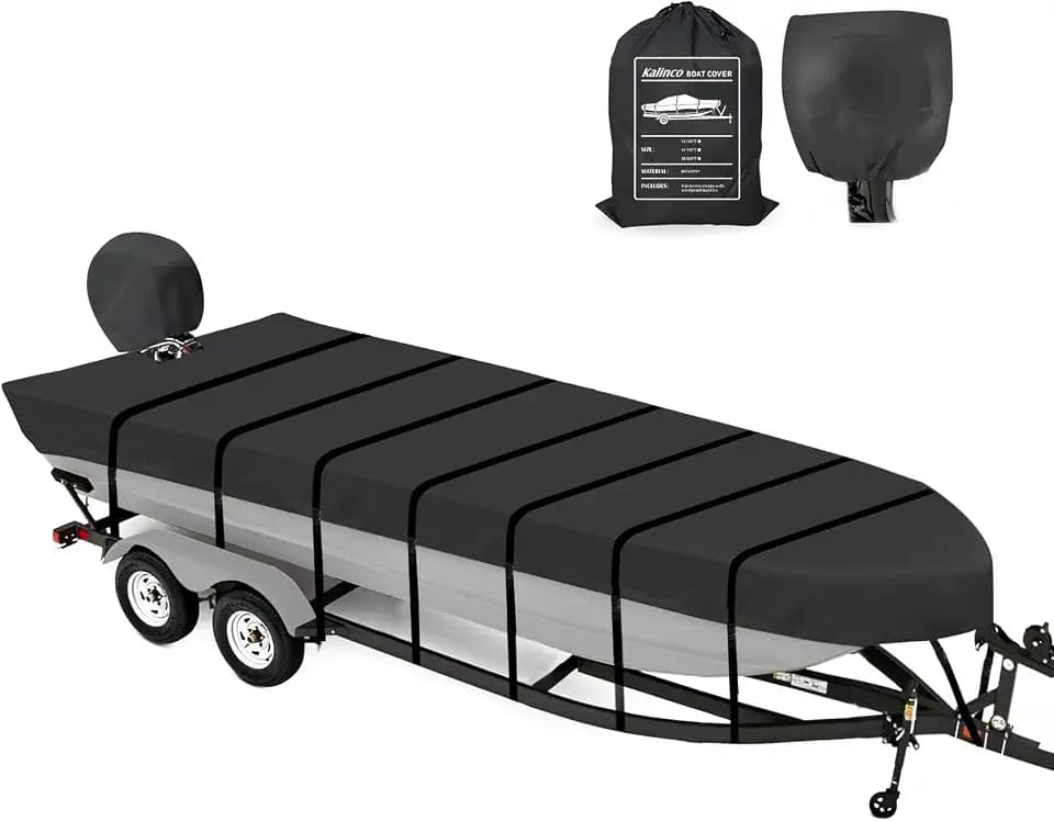 KALINCO Jon Boat Cover, 900D Heavy Duty Waterproof Boat Cover with Motor Cover, UV Resistant Trailerable Boat Cover (12' - 14' Long, Beam Width to 70")
