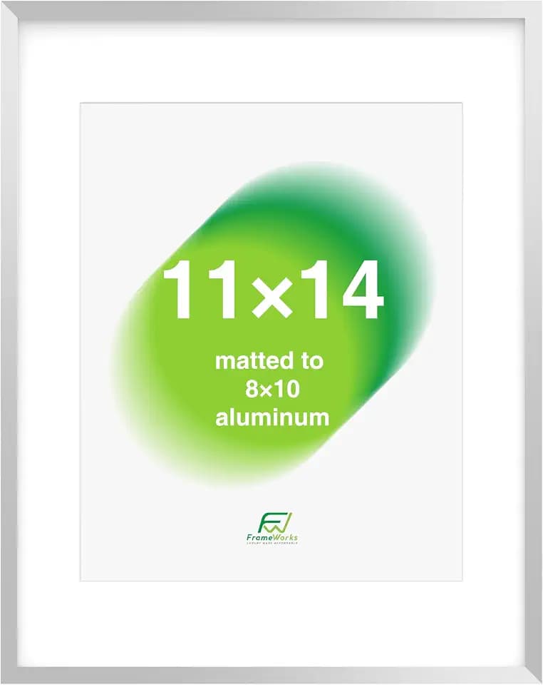 FrameWorks 11x14 Matted to 8x10 Picture Frame – Aluminum Frame w/Tempered Glass, Removable Mat for Photos, Posters, Art, Stylish Wall Frame for Home Decor, Gallery Walls, Office, Living Room - Silver