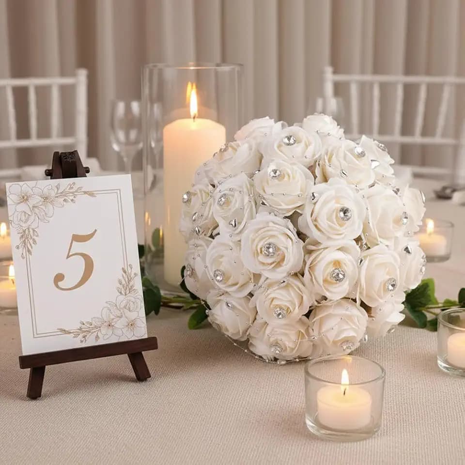 Eforcase Wedding Bouquets for Bride, Rhinestone Wedding Flowers Bridal Bridesmaid Bouquets Artificial Flower with Silk Ribbon Light Champagne Toss Rose Holding Flower for Civil Ceremony Prom Party