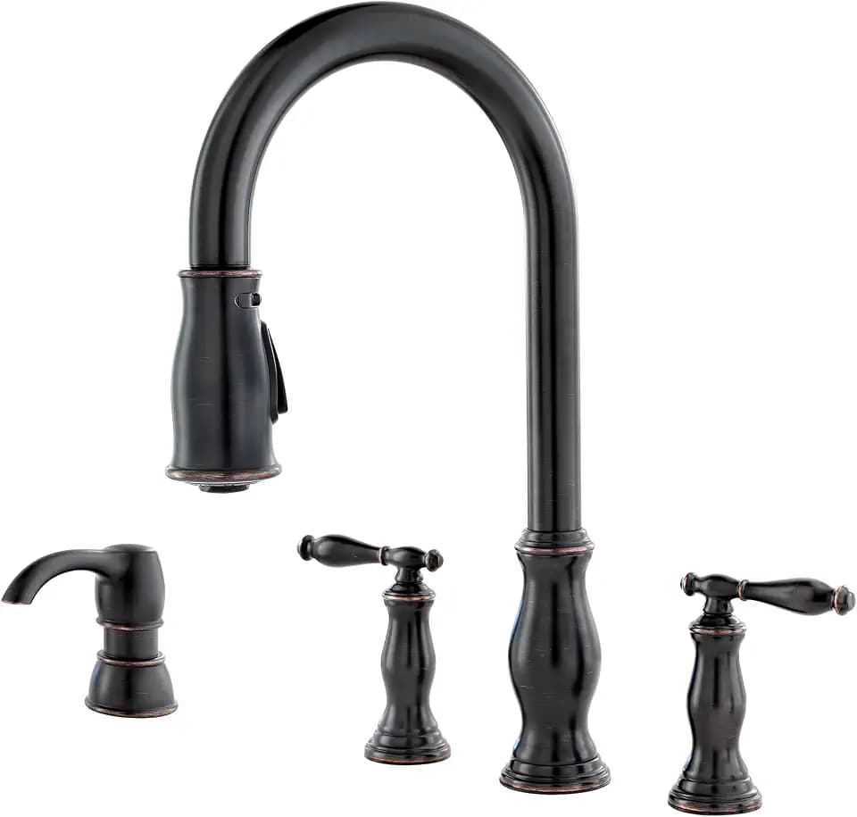 Pfister Hanover Kitchen Sink Faucet with Pull Down Sprayer and Soap Dispenser, 2-Handle High Arc Design, 4-Hole Installation, Tuscan Bronze Finish for Kitchen Sink F5314HNY
