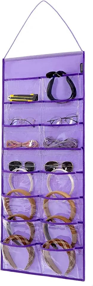 Wall Hanging Headband Organizer Ribbon Hair Hoops Storage Hairbands Hair Accessory Holder with Clear Pockets (PURPLE-16 POCKETS)