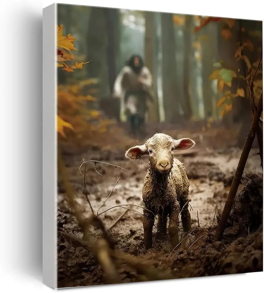 BEASTZHENG Christian Jesus and Lamb Canvas Wall Art Jesus Running After Lost Sheep Wall Decor Baptism gifts Lamb of God Painting Poster Print Artwork for Living Room Bedroom Church Decor