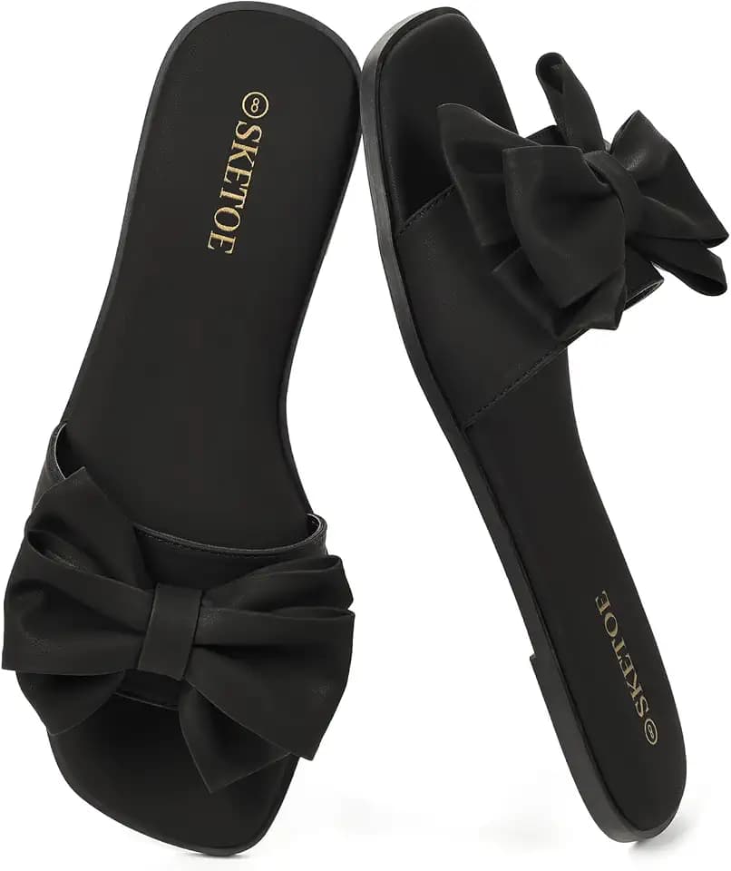 Women's Bow Flat Sandals Open Saquare Toe Comfortable Slide for Wedding Beach Vacation