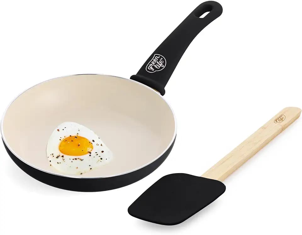 GreenLife Soft Grip 8” Frypan Skillet and Spatula Breakfast Cookware Set, PFAS-Free Ceramic Nonstick, Silicon Spatula with Bamboo Handle, Egg Omelette Bacon, Dishwasher Safe, Stay-Cool Handles, Black