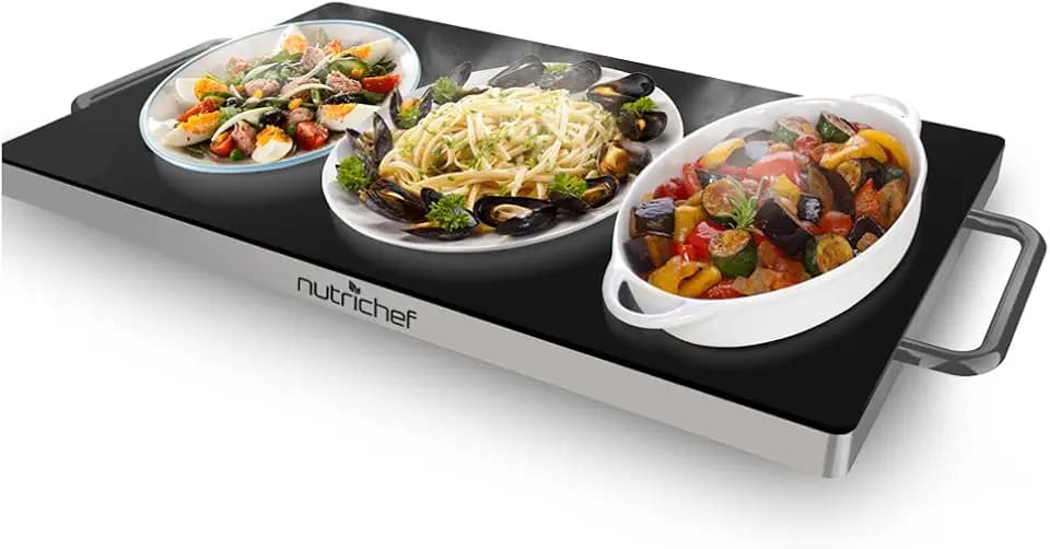 NutriChef Stainless Warming Hot Plate - Keep Food Warm w/ Portable Electric Food Tray Dish Warmer w/ Black Glass Top, For Restaurant, Parties, Buffet Serving, Table or Countertop Use
