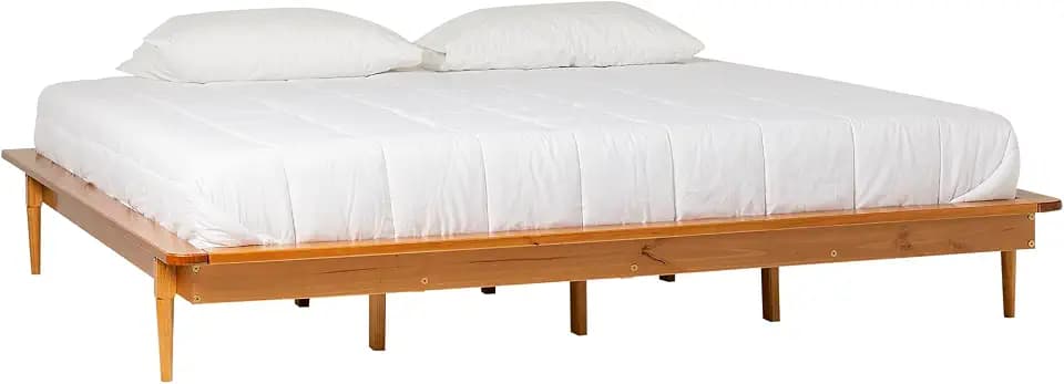Walker Edison Mid Century Modern Solid Wood Platform Bed Headboard Footboard Bed Frame Bedroom, King, Caramel