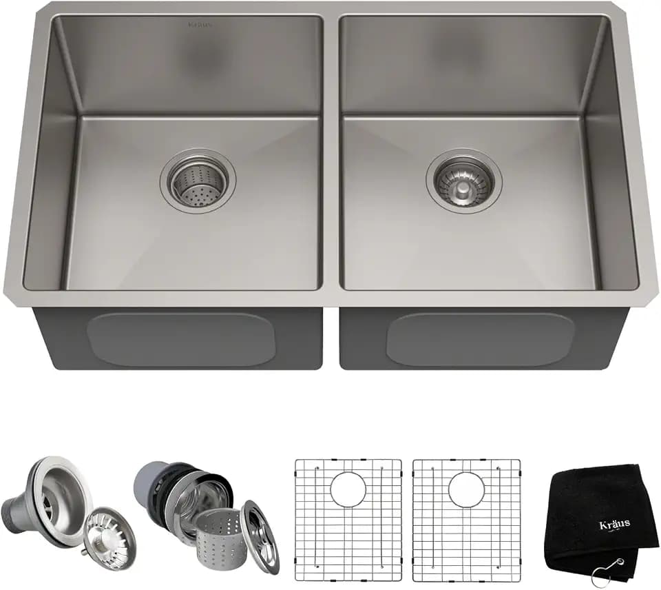 KRAUS Stainless Steel 33 in Double Bowl Undermount Kitchen Sink KHU102-33