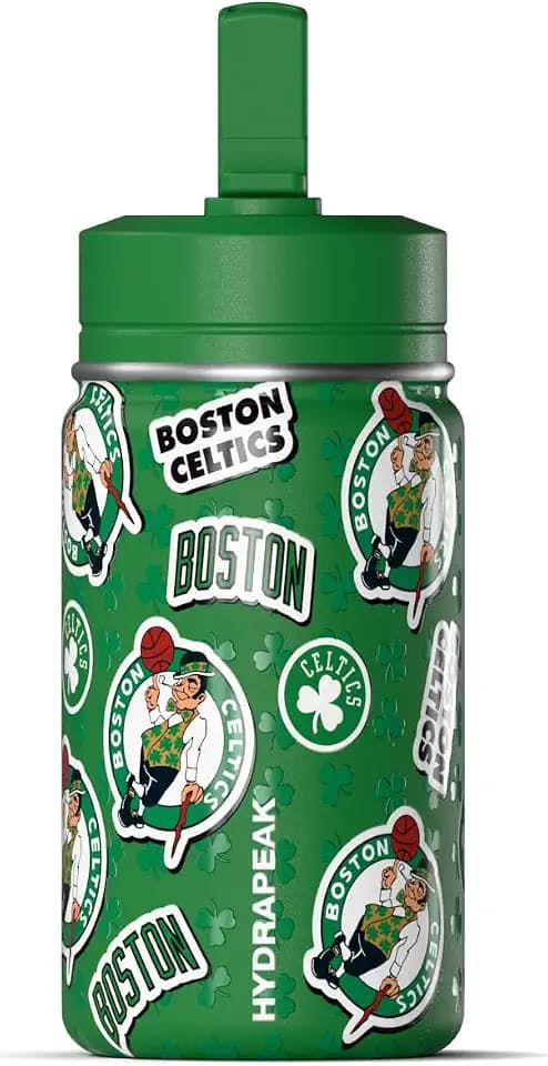 Hydrapeak NBA Officially Licensed Boston Celtics Mini 14oz Kids Stainless Steel Water Bottle with Straw Lid & Flexible Handle, Double Wall Insulated, Spill Proof, Perfect for Back to School