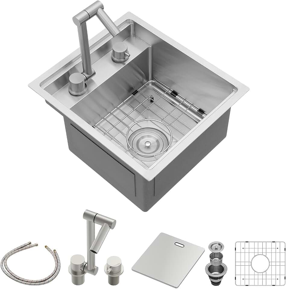 Sarlai Outdoor Sink, 15x17 Inch Undermount Kitchen Sink Workstation with Foldable Faucet Bar Prep Single Bowl Kitchen Sinks 16 Gauge Stainless Steel Sinks with Cover,BBQ Sink Outside