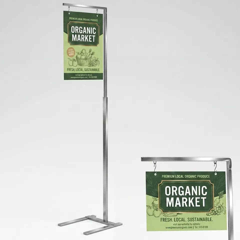 Zonon Adjustable Hanging Poster Stand Sign Holder 12.8" Base with 44"-72" Pallet Floor Standing Poster Display Silver Heavy Duty Hook Mobile Banner Stand for Retail Outdoor Hanging Display
