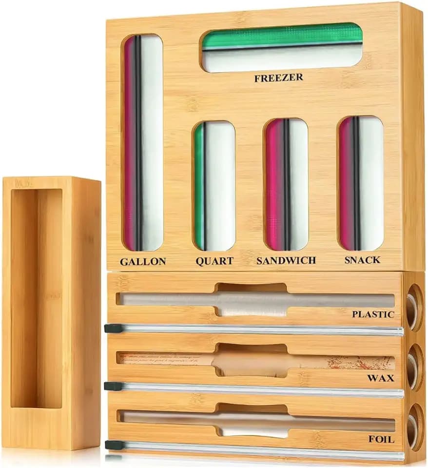 9 in 1 Storage Bag Organizer for Kitchen Drawer, Bamboo Foil and Plastic Wrap with Cutter, Bag Organizer for Quart, Gallon, Sandwich & Snack Bags