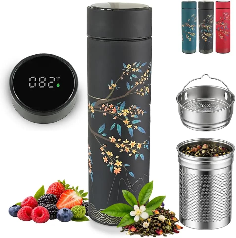 Farasi Tea Infuser for Loose Leaf Tea Smart Water Bottle with Fahrenheit Temperature Display, Stainless Steel Insulated Coffee and Fruit Tea Infuser Bottle - Floral Travel Tea Mugs 15 oz (Black)