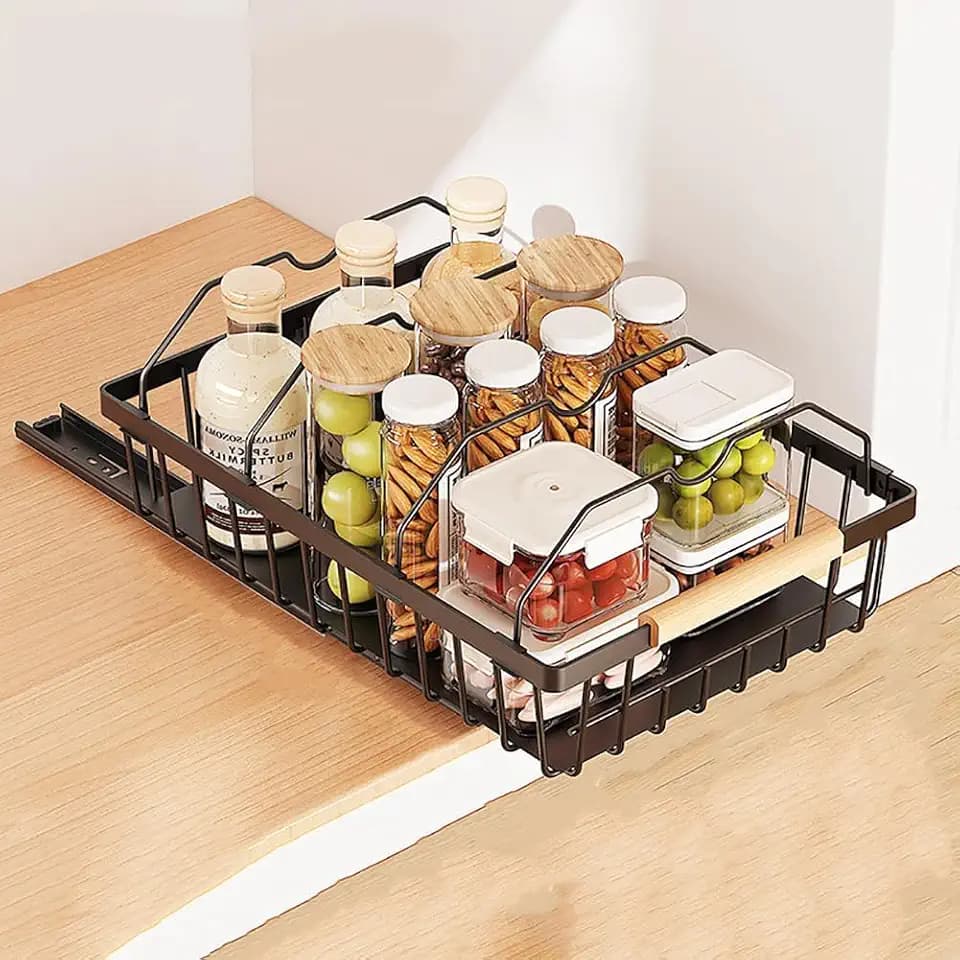 Pull Out Cabinet Organizer, Heavy Duty Slide Out Drawer, No Drill Pull Out Drawers, Multifunctional Pantry Shelves Under Sink Storage Kitchen Drawer for Bathroom Pantry