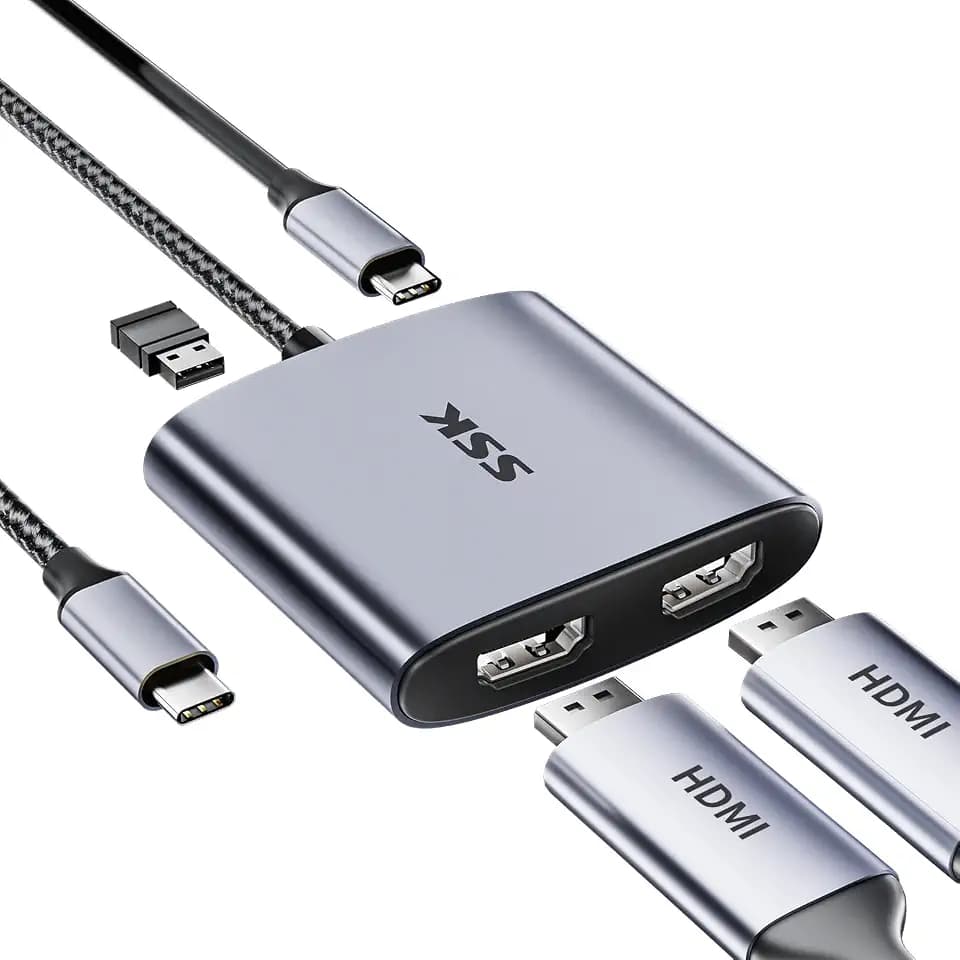 SSK 4 in 1 USB C auf Dual HDMI Adapter, USB C Hub dual HDMI 4K 60Hz mit PD100W und USB 2.0,Kompatibel mit Thunderbolt 3 für MacBook Pro/Air, Air Lenovo Dell HP Chromebook, Samsung S8/S9