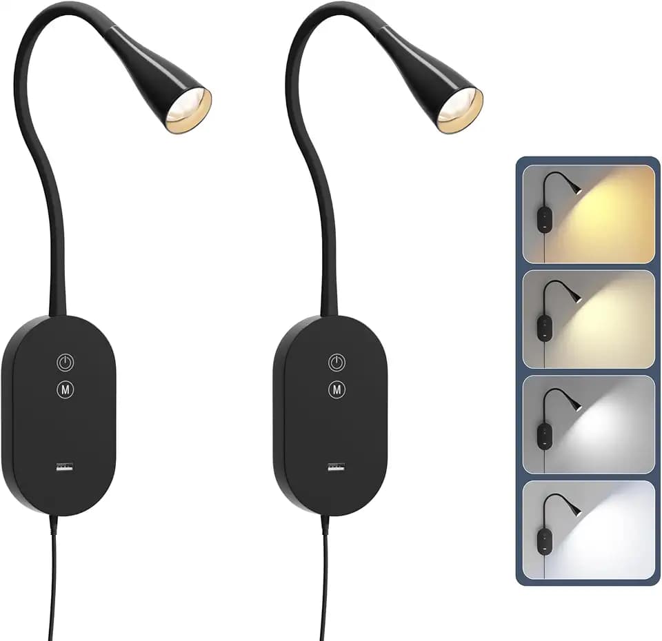 2 Pack Wall Reading Light for Bed, CRI95+ LED, USB Charging, Black
