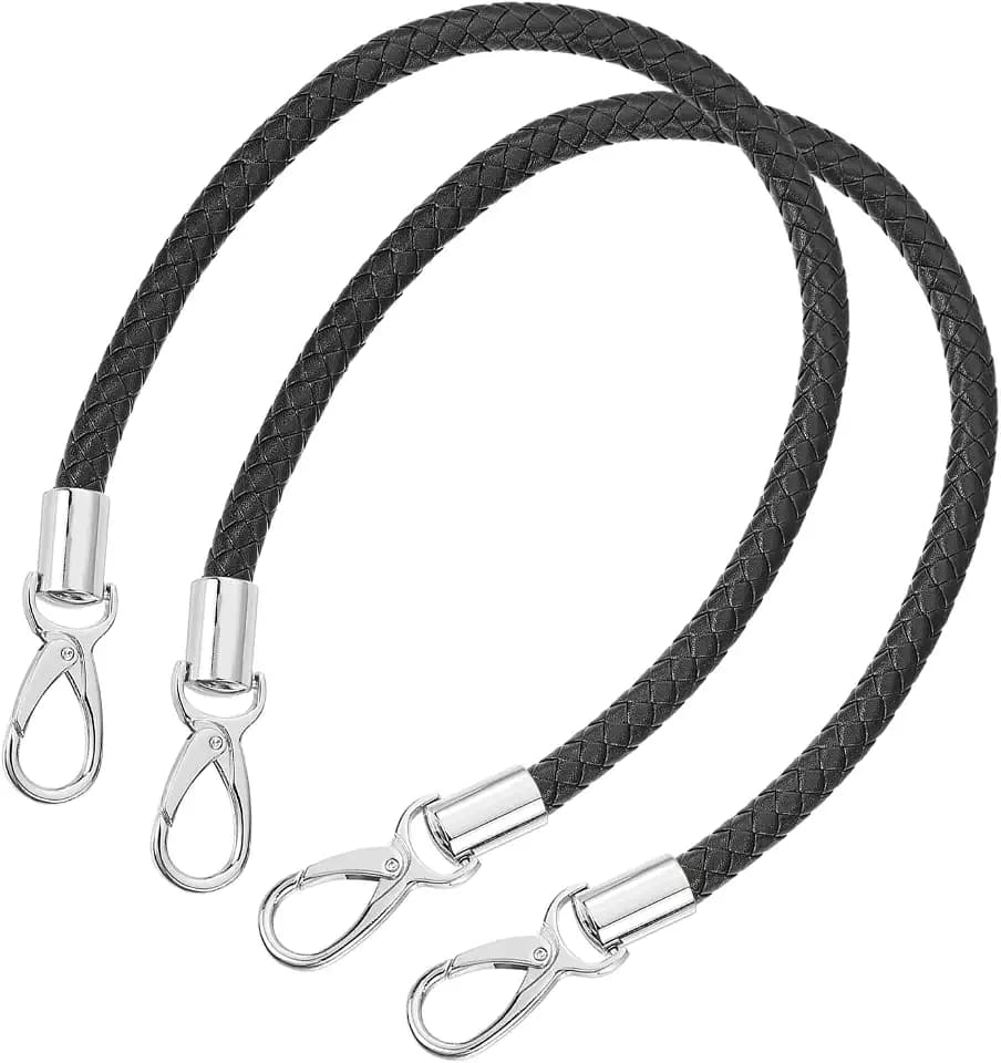uxcell Leather Purse Strap, 2Pcs 50cm/19.69" Short Leather PU Braided Purse Replacement Handle with Metal Buckles for Underarm Bags, Handbags (Black Strap + Silver Clasp)