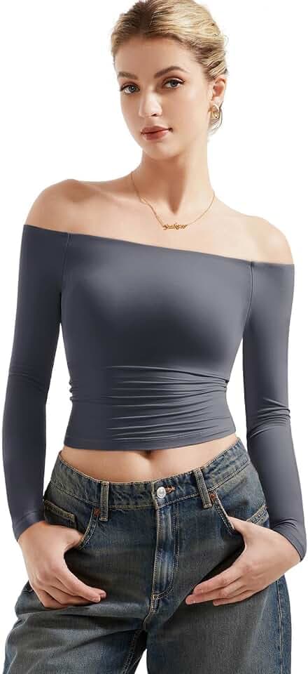 SUUKSESS Women Off Shoulder Double Lined Long Sleeve Shirts Basic Going Out Tops