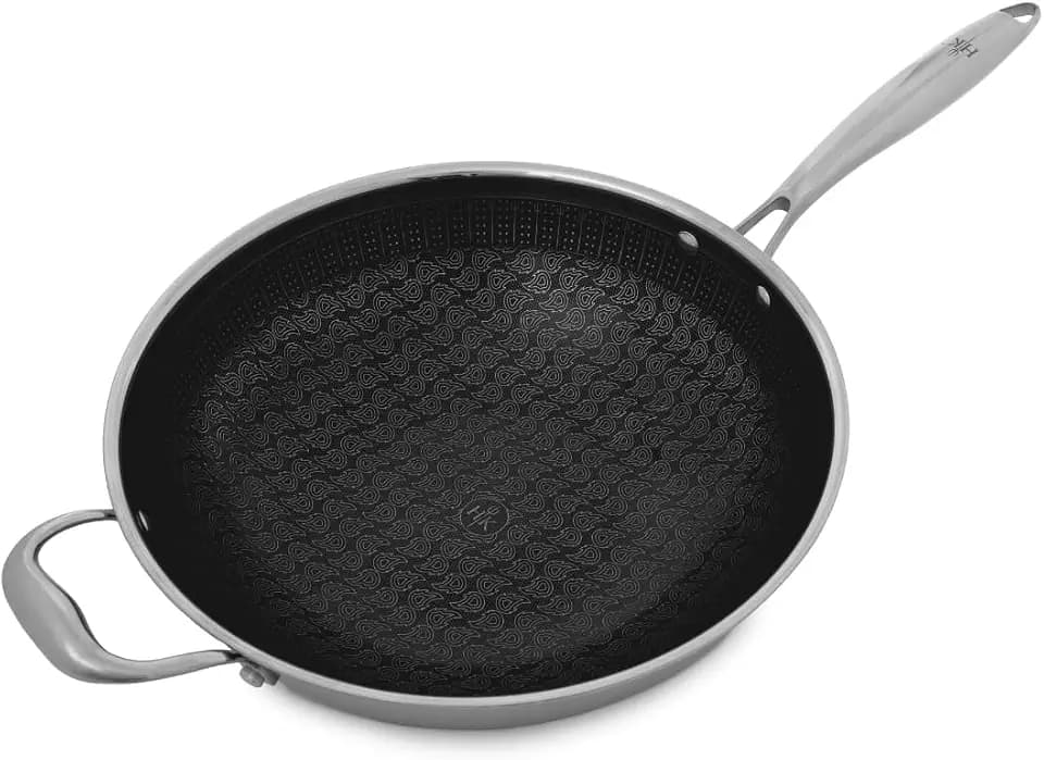 Hell's Kitchen 12-Inch Hybrid Wok, Tri-Clad Stainless Steel, PFAS-Free Ceramic Nonstick, no PFOA, no PTFE, no Teflon, Non-Toxic Cookware, Metal Utensil Safe, All Cooktops and Oven Safe