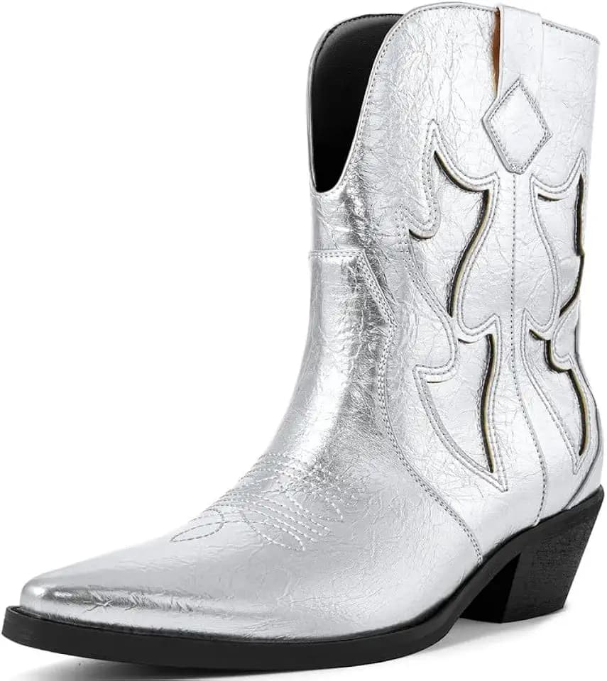HOCHFART Cowboy Boots for Women Pointed Toe Pull On Boots Metallic Embroidered Western Cowgirl Boots with Chunky Heel for Wide Calf